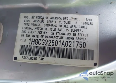 2001 Honda Accord 3.0 Ex from USA, damaged, VIN 1HGCG22501A021750